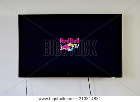 MONTREAL CANADA - NOVEMBER 15 2017: Red Bull TV logo and app on LG TV screen. Red Bull TV is a global multi-platform channel distributed digitally on connected TVs smartphones tablets