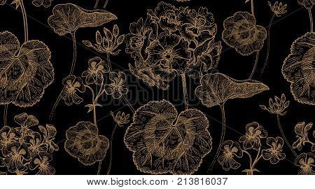 Decoration with flower geranium pelargonium. Seamless floral pattern. Print gold foil foliage flowers black background. Vintage vector illustration. Hand drawing template for textile paper cloth