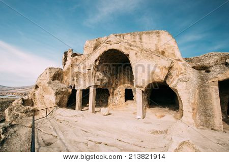 Uplistsikhe, Shida Kartli Region, Georgia. Theateron In Famous Landmark Uplistsikhe. Ancient Rock-hewn Town In Eastern Georgia. UNESCO World Heritage Site.