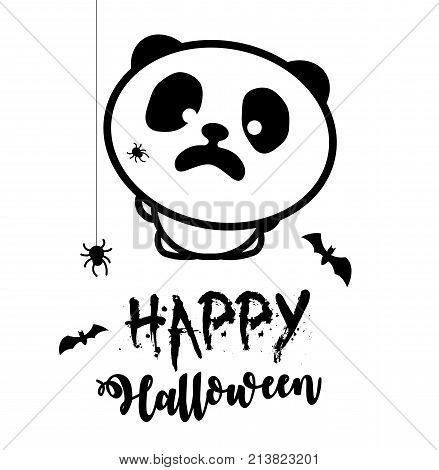 Scared panda, spiders attacked the panda. Halloween party vector illustration. Black line stylized