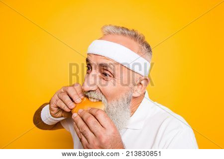 Weightloss, Healthcare, Gym, Strength, Regime, Challenge. Close Up Of Modern Athlete Cool Grey Haire