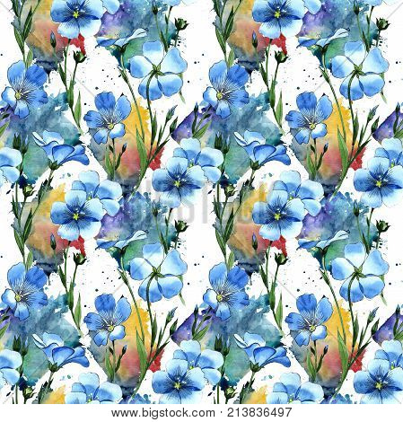 Wildflower flax  pattern in a watercolor style. Full name of the plant: flax . Aquarelle wild flower for background, texture, wrapper pattern, frame or border.