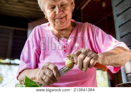 Senior woman pealing potatoes. Granny cooking delicous food.