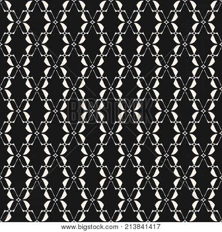 Abstract geometric seamless pattern. Elegant lace texture. Black and white background with curved shapes, thin lines, star silhouettes, mesh. Traditional motif. Design for prints, decor. Stock vector.