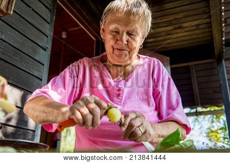 Senior woman pealing potatoes. Granny cooking delicous food.