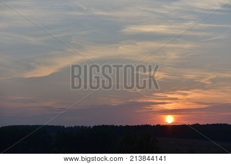 Evening sun over the forest Sahaja, beautiful evening sunset, a beautiful evening sky