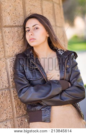 Beautiful Meloncholy Mixed Race Young Woman Portrait Outside.