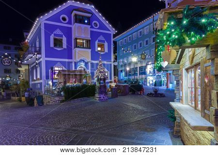 Ortisei December 2015 On Christmas night the streets of Ortisei in the North of Italy are deserted because the inhabitants are still dinning in the family