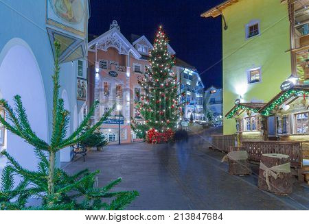 Ortisei December 2015 On Christmas night the streets of Ortisei in the North of Italy are deserted because the inhabitants are still dinning in the family