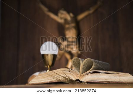 Eucharist symbol of bread and wine, chalice and host, First communion background