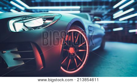 Modern cars are in the studio room. 3d illustration and 3d render.