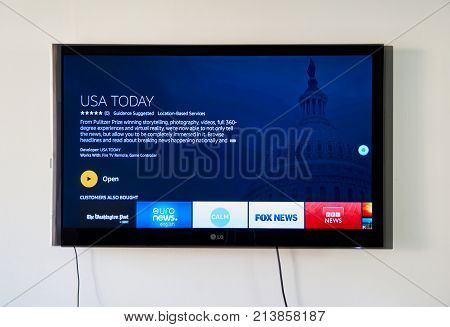 MONTREAL CANADA - NOVEMBER 15 2017: USA Today on LG TV. USA Today is an internationally distributed American daily newspaper that serves as the flagship publication of its owner the Gannett Company