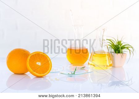 Health and Beauty background Citrus essential research and sample natural organic concept in vitamin c beauty care aroma therapy.