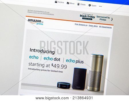 MONTREAL CANADA - NOVEMBER 15 2017: Amazon Prime Canada introductional email on a laptop screen informing clients about availabitily of Echo Echo Plus and Echo Dot for canadian customers.