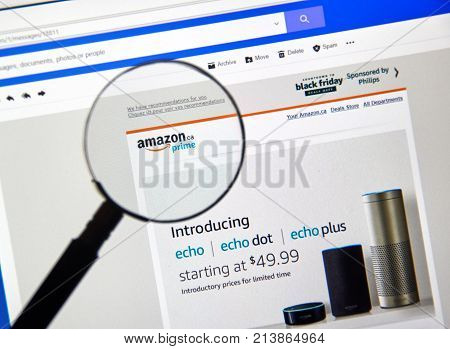 MONTREAL CANADA - NOVEMBER 15 2017: Amazon Prime Canada introductional email on a laptop screen informing clients about availabitily of Echo Echo Plus and Echo Dot for canadian customers.