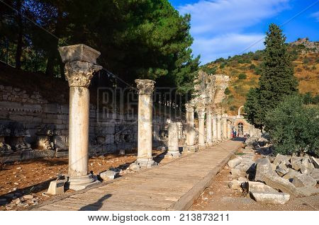 The ruins of the ancient city of Ephesus with theater and the famous Celsus library, Turkey