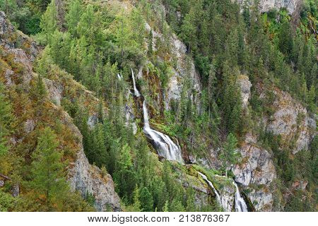 Waterfall On The River Karasu Left In Valley Of Chulyshman River. Altai Republic. Russia