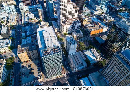 Straight Down View Above Tall Skyscrapers In Downtown Austin , Texas , Usa Urban Sprawl And Tall Tow