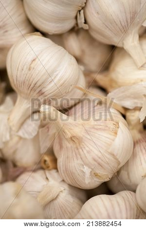 Fresh Garlic Group Background, Garlic Cloves Background Full Basket Of Garlic In The Store In The Ma