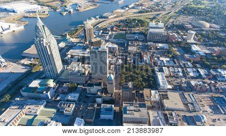 Aerial photo of downtown Mobile, Alabama port