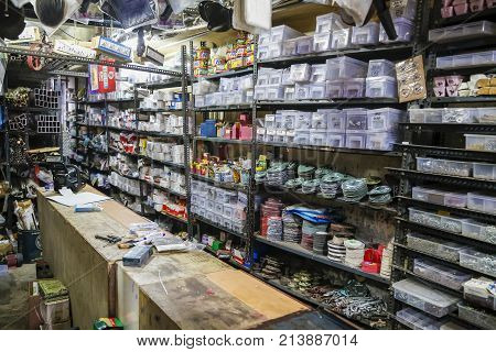 PONDICHERY PUDUCHERY TAMIL NADU INDI1 - CIRCA SEPTEMBER 2017. Hardware store. Traditional showcase of tool store. Toolboxes and toolkit in the shop.