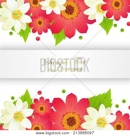 Sample yext here appy holidays greeting card with shiny frame and flowers set. Vector illustration of festival decorated paper for congratulating.