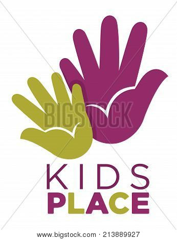Kids zone logo template of child palm hands smiling face smiles and letters. Vector icon for kindergarten or children playground and education school classroom or family entertainment place