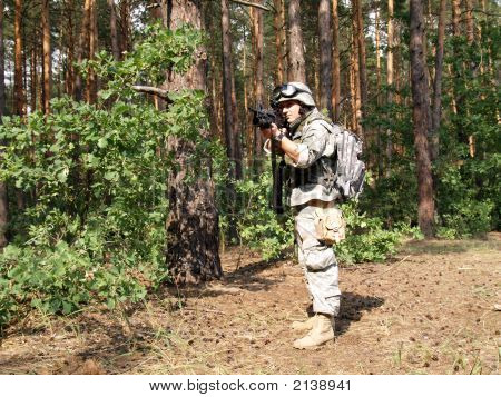 Soldat sigter i skov
