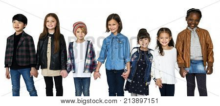 Group of Kids Holding Hands Face Expression Happiness Smiling on White Blackground