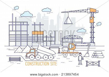 Construction site or area with constructed building, crane, excavator, dump truck, engineer wearing hard hat against silhouettes of skyscrapers on background. Vector illustration in line art style