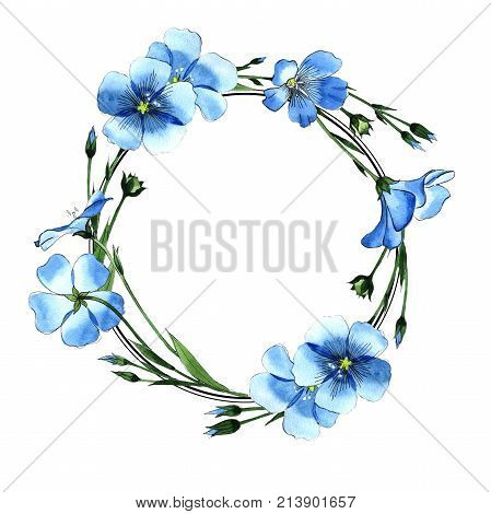 Wildflower flax wreath in a watercolor style. Full name of the plant: flax . Aquarelle wild flower for background, texture, wrapper pattern, frame or border.