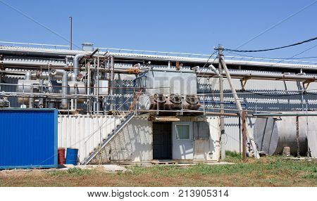 Ammonia compressor unit of container type. Industrial refrigerator