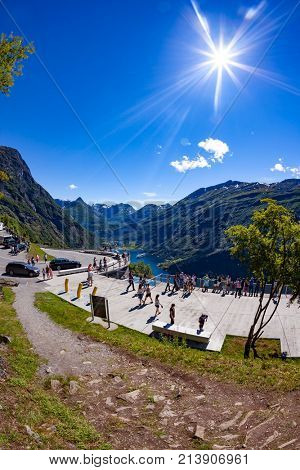 NORWAY, Geiranger fjord - JULY 20,2016: Viewing point Geiranger fjord Norway. It is a 15-kilometre (9.3 mi) long branch off of the Sunnylvsfjorden, which is a branch off of the Storfjorden