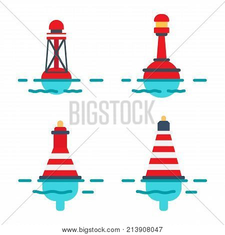 Striped red plastic buoys with lighter on top in blue water isolated flat vector illustrations set on white background. Equipment for safety in sea.