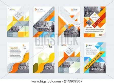 Vector set of templates booklet cover design, poster, magazine, brochures, flyers A4 with logo, place for photo and text. Geometric colorful shapes and textures triangles, squares, circles, waves.