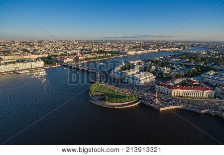 Aerial view of the spit of Vasilievsky island in Saint-Petersburg