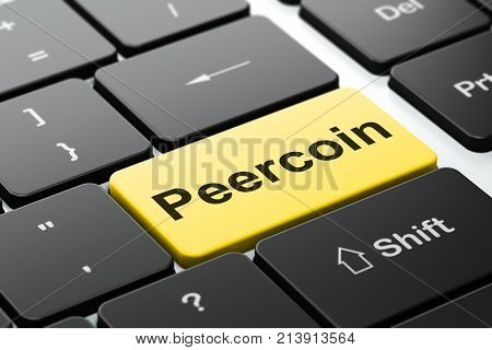Blockchain concept: computer keyboard with word Peercoin, selected focus on enter button background, 3D rendering