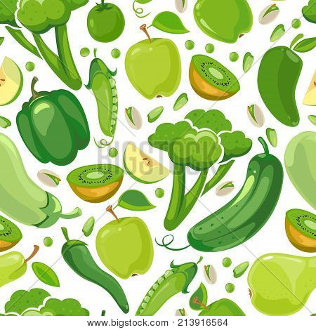 Seamless texture with green vegetabels and fruits. Background vector illustration