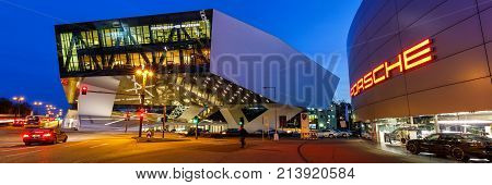 Porsche Museum Stuttgart At Night Germany Banner Logo Architecture