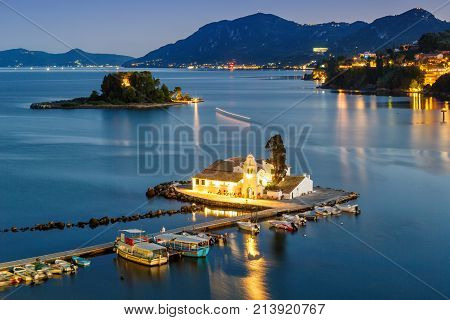 Corfu Greece Vlachernon Vlacherna Church Kanoni Island Night Traveling Sea