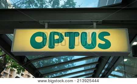 Sydney Australia - October 17 2017: Optus signage above the entrance to their retail store on Oxford Street. Optus is the second largest telecommunications company in Australia.
