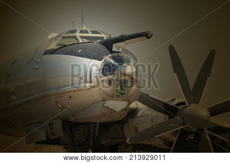 Soviet forgotten strategic bomber TU-95.Military air base decay. Near Kiev, Ukraine