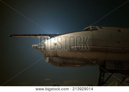 Soviet forgotten strategic bomber TU-95.Military air base decay. Near Kiev, Ukraine