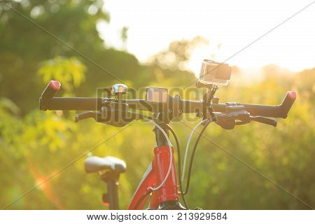 closeup of action camera mounted on mountain bike