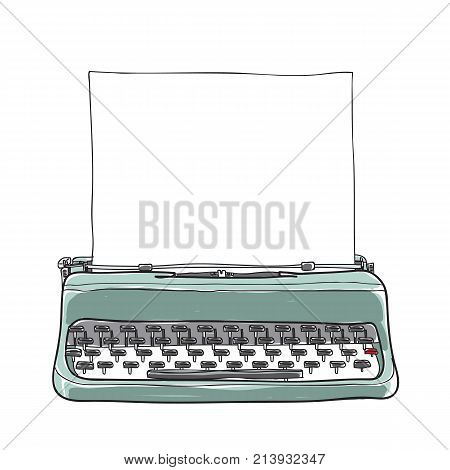 blue vintage typewriter portable retro with paper hand drawn vector art illustration