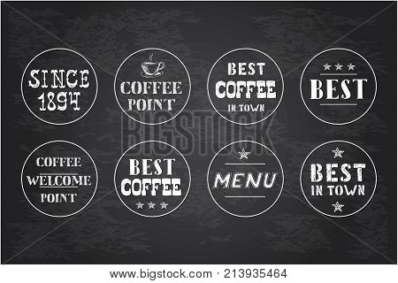 Set of vintage coffee circle labels hand drawn on blackboard stock vector illustration.