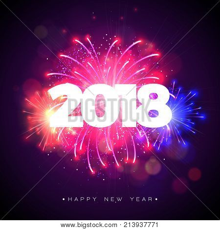 Happy New Year 2018 Illustration with Firework and 3d Text on Shiny Blue Background. Vector Holiday Design for Premium Greeting Card, Party Invitation or Promo Banner