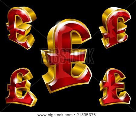 Vector gold pound sterling symbols in 3D style with different angles