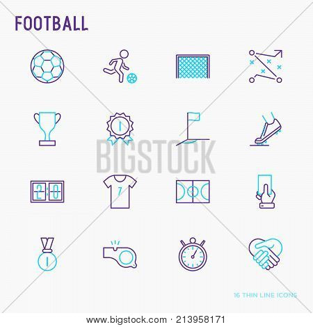 Football thin line icons set: player, whistle, soccer, goal, strategy, stopwatch, football boots, score. Vector illustration.