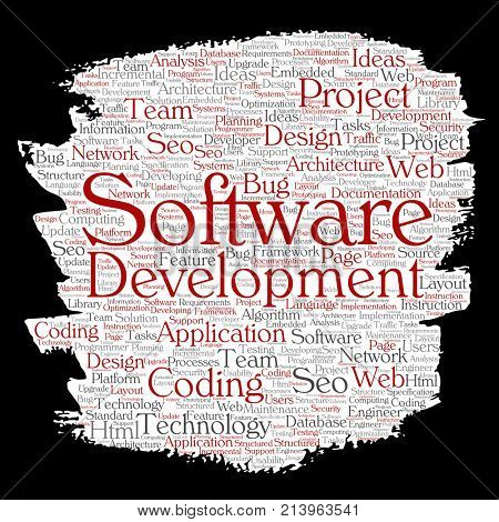 Conceptual software development project coding technology paint brush paper word cloud isolated background. Collage of application web design, seo ideas, implementation, testing upgrade concept